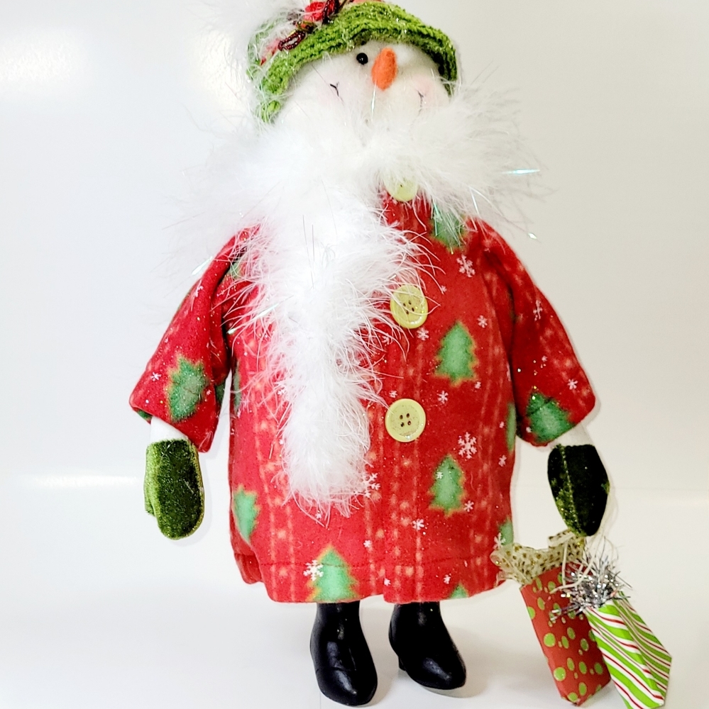 New Snow Woman Shopper In Her Coat, Feathers, Knit Hat & Carrying Shopping Bags